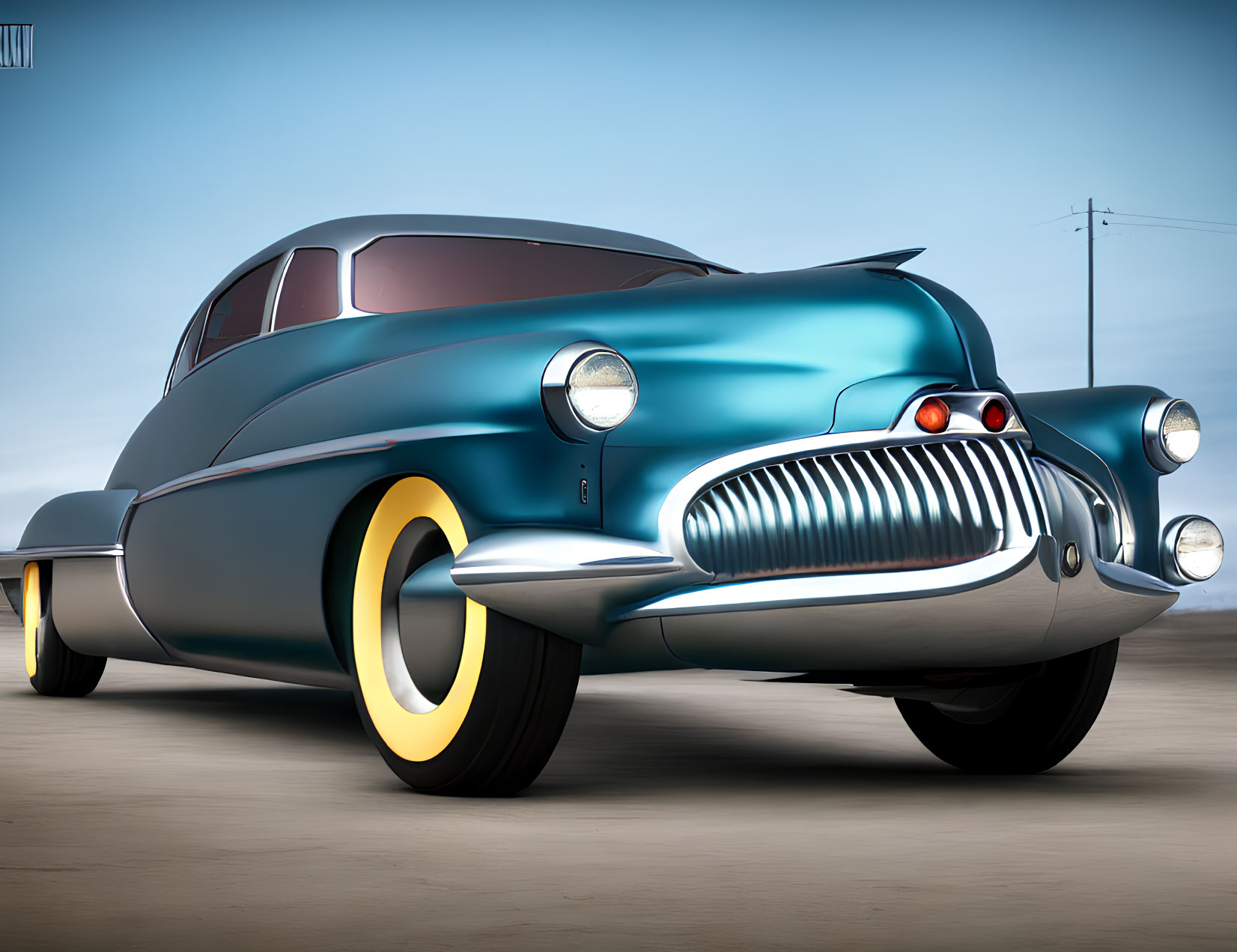 Streamlined Retro-Futuristic Car with Blue Body and Yellow-Rimmed Tires