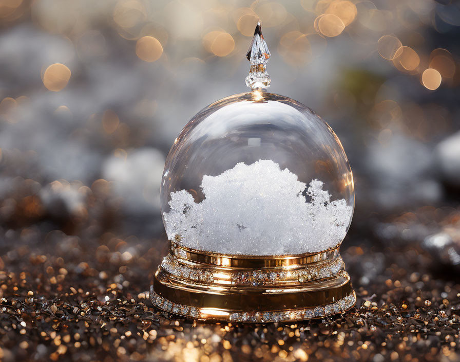 Glass snow globe with gold base and faux snow on glittery surface - festive winter theme