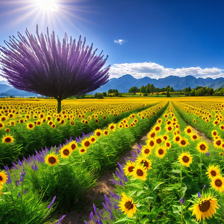 Sunflower Field with Purple Tree and Mountains in Clear Blue Sky