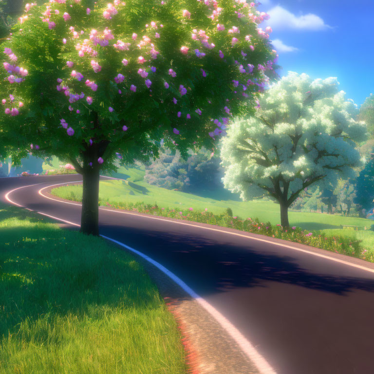 Curving road with blooming trees under sunny sky