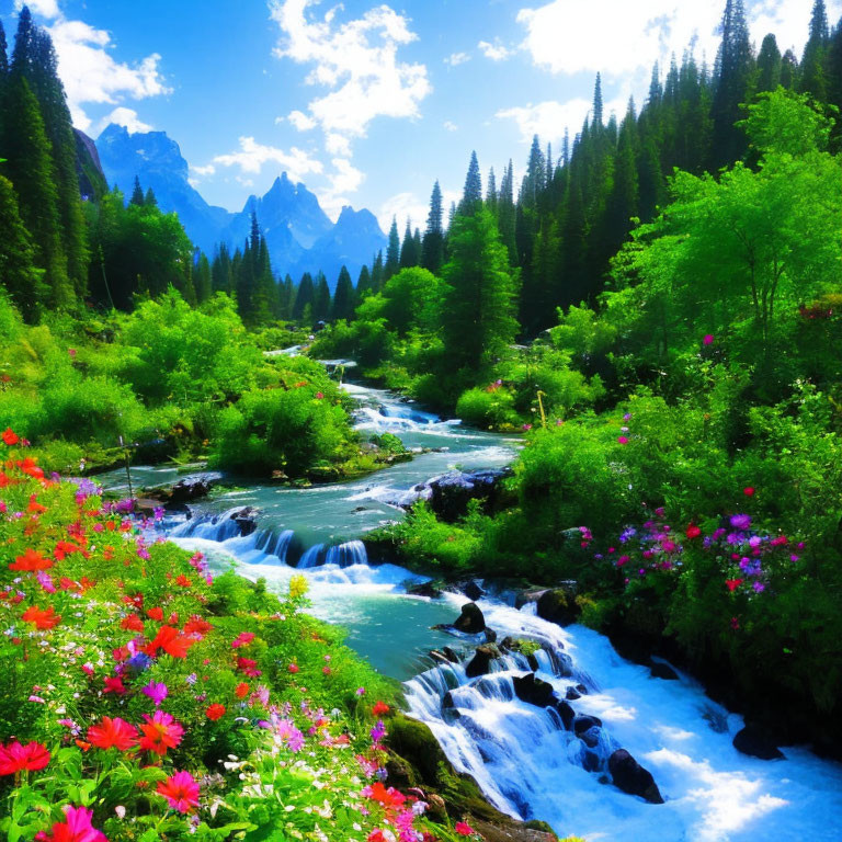 Scenic landscape with waterfall, flowers, and mountains