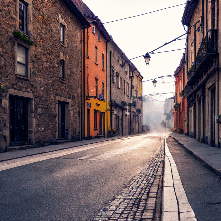 Traditional European cobblestone street with vintage lampposts in morning haze
