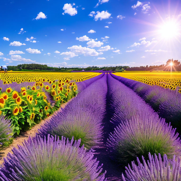 Colorful Sunflower and Lavender Field Landscape Under Blue Sky