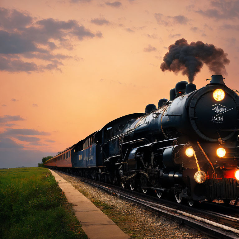 Classic steam locomotive pulling passenger cars under dramatic sunset sky.