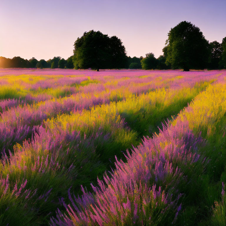 Scenic purple flower field at golden hour with trees and clear sky