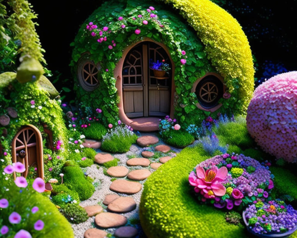 Whimsical garden scene with round door on hill surrounded by vibrant flowers