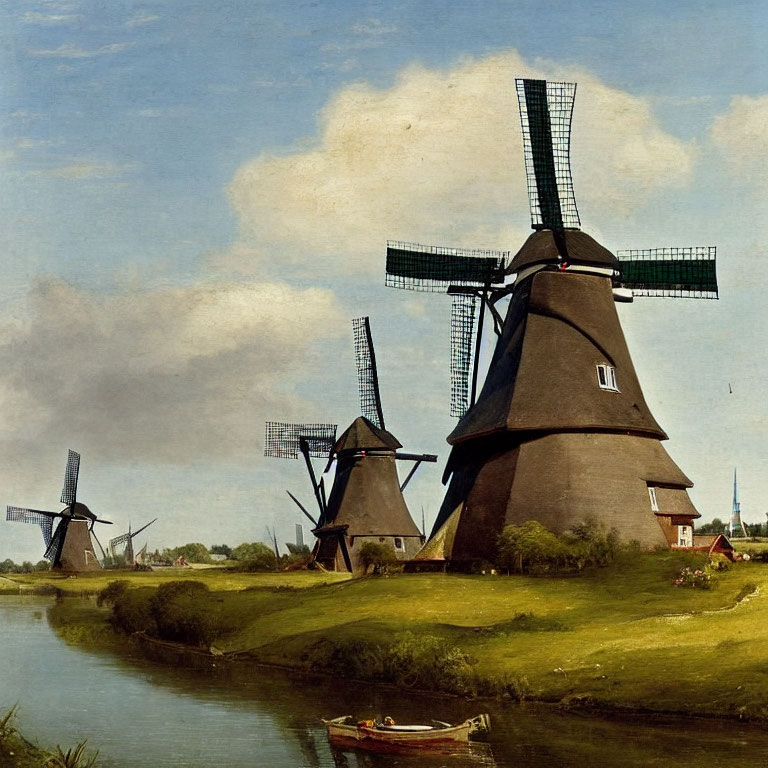 Scenic pastoral landscape with three windmills by a river
