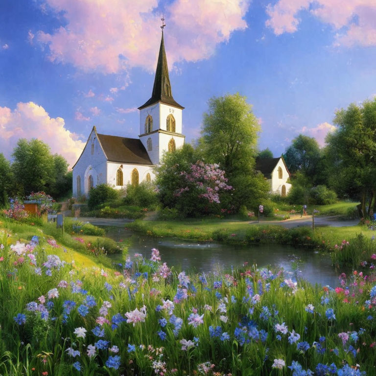 Tranquil landscape with church by river and colorful flowers
