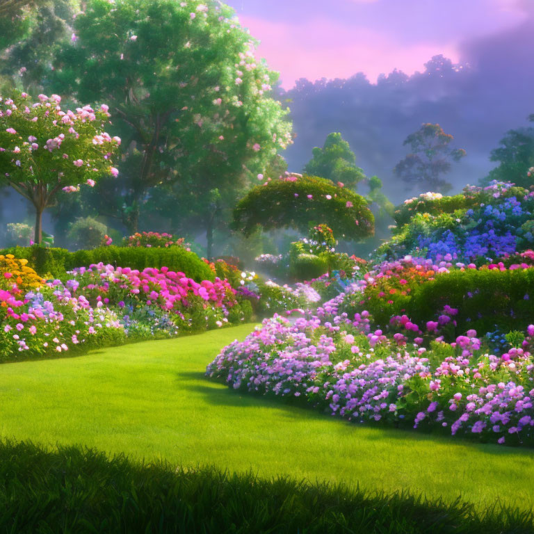 Lush Greenery and Colorful Flowers in Mystical Garden