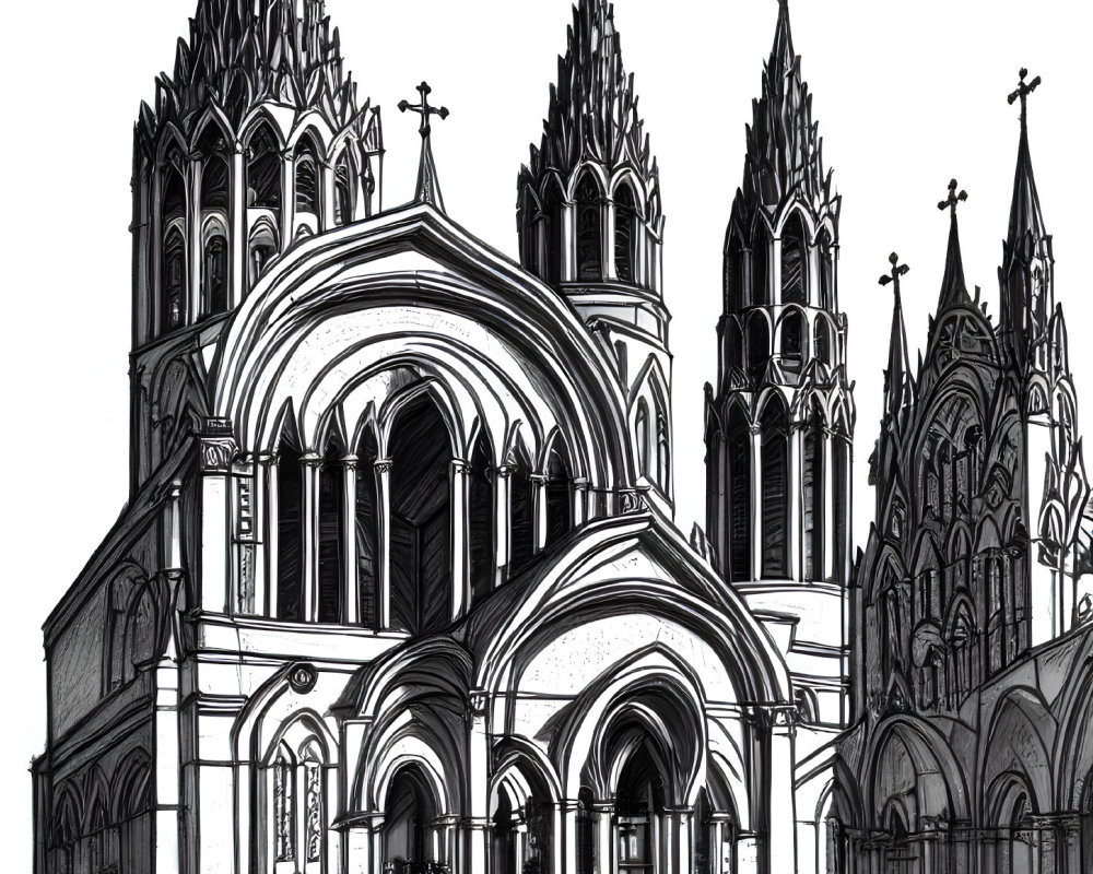 Detailed Gothic Cathedral Ink Drawing with Pointed Arches and Spires