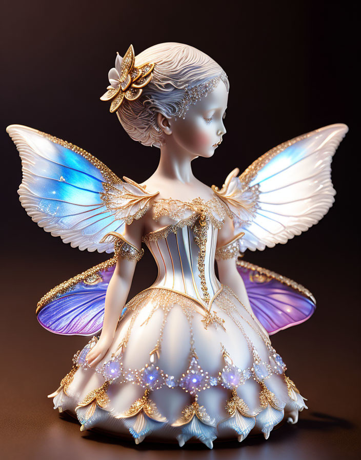 Intricate fairy figurine with golden details and colorful wings