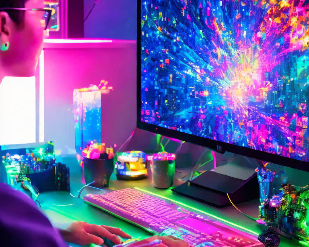Colorful gaming setup with vibrant keyboard and neon lights.