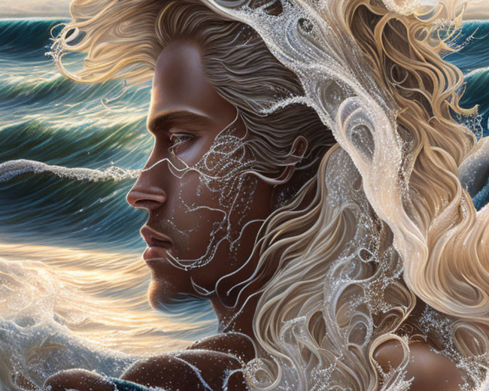 Person merging with the sea: Artistic illustration with flowing hair and intricate water patterns