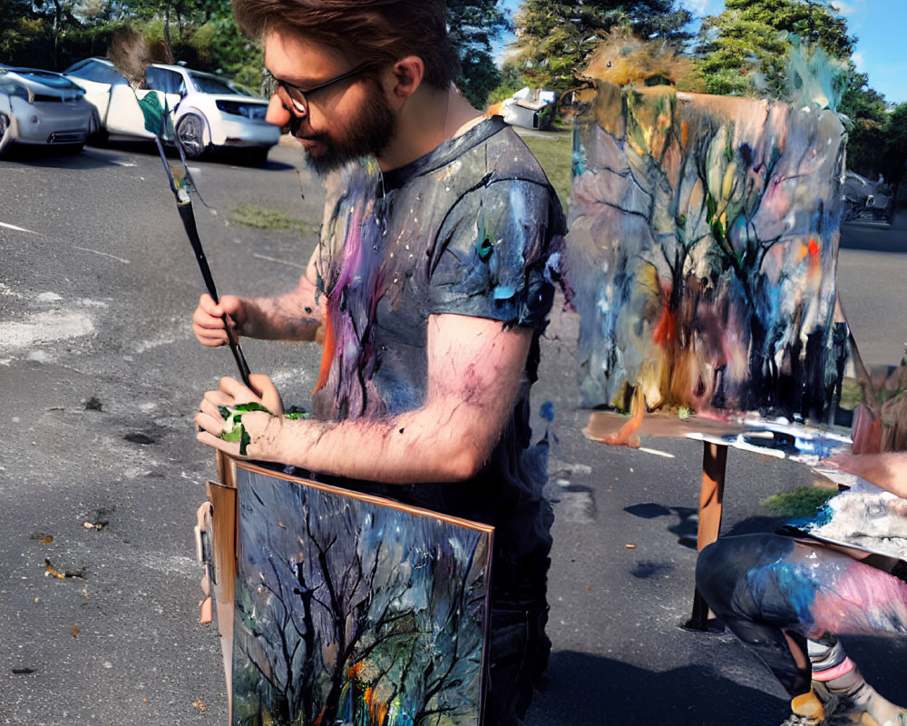 Bearded artist painting outdoors with trees and cars in background