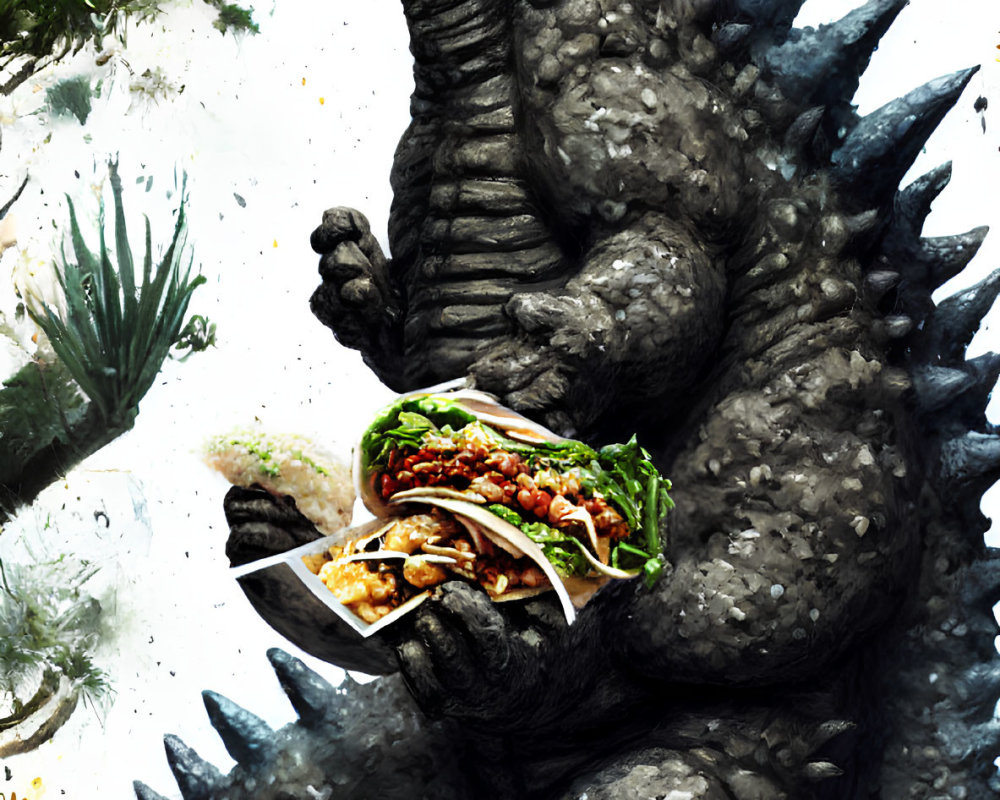 Godzilla holding a taco in playful illustration
