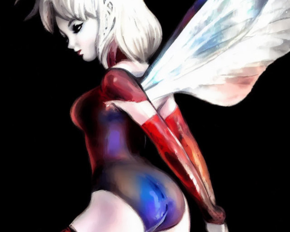 Female Figure with Butterfly Wings in Red and Blue Bodysuit on Dark Background