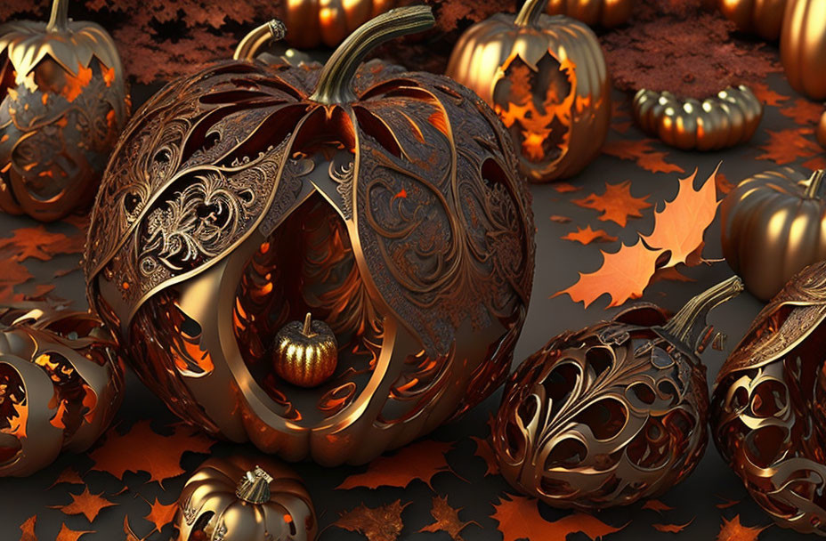 3D carved medieval metallic pumpkins