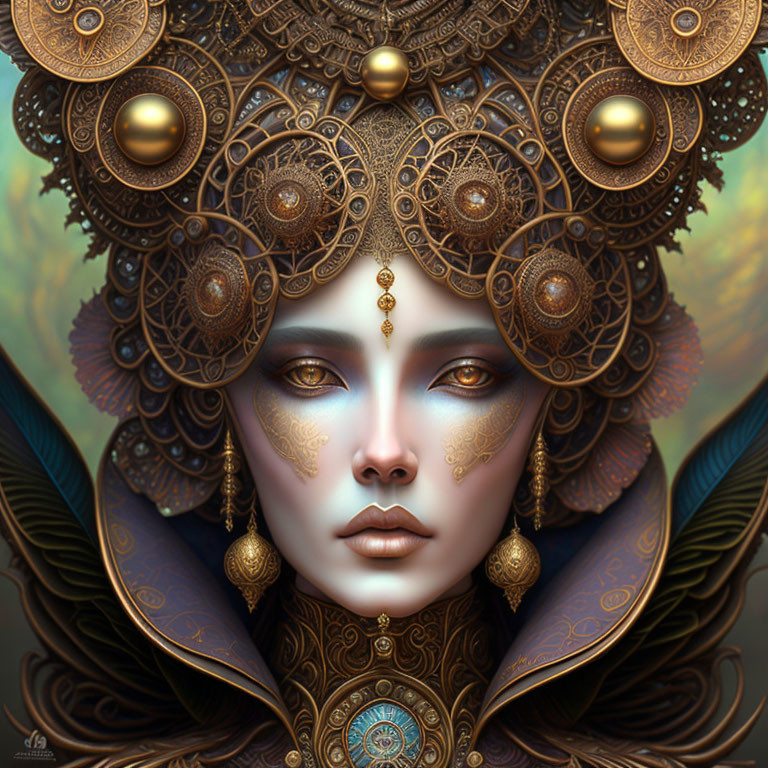 Digital artwork featuring female figure with ornate golden headgear and jewelry against muted background
