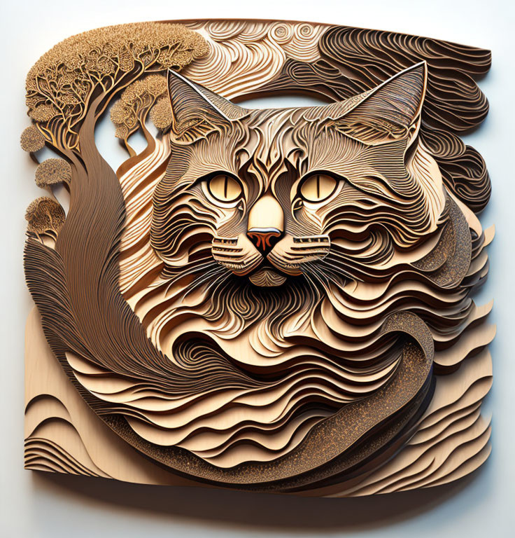 Tomcat portrait carved in the wood