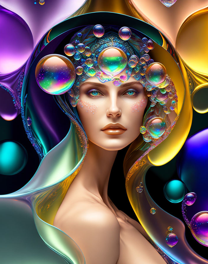 Digital Artwork: Woman with Iridescent Bubbles and Abstract Shapes