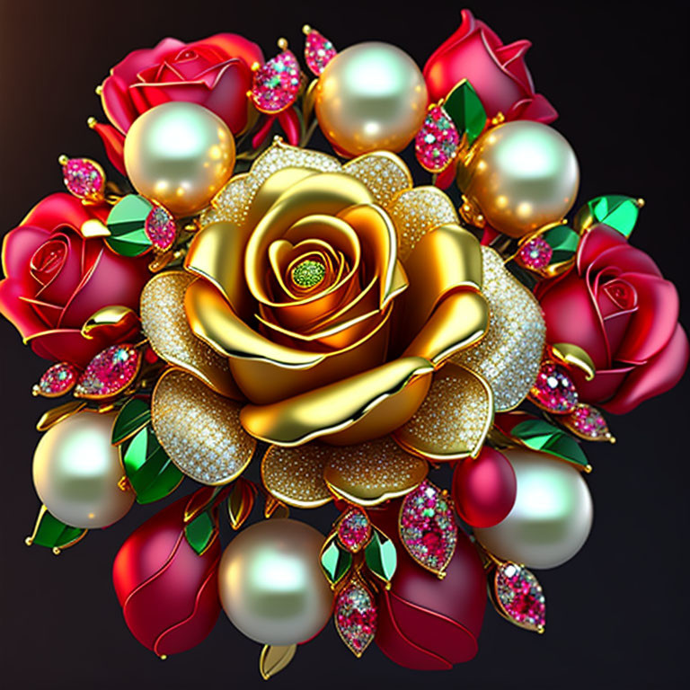 3D Metallic roses and pearls