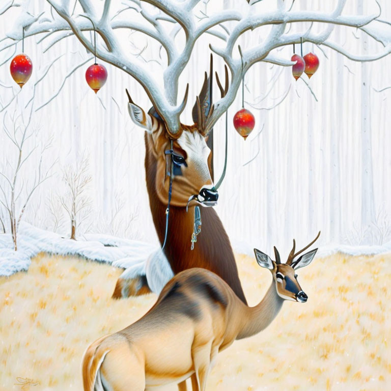 Surreal painting: Large deer with tree-like antlers and apples, smaller deer, snowy backdrop