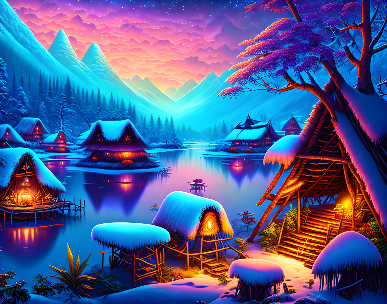 Digital artwork: Tranquil winter night in mountain village with snow-covered huts by calm lake.