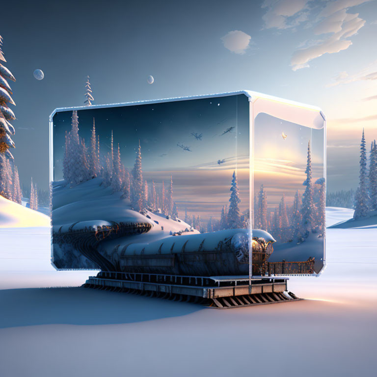 Transparent Cube with Winter Forest Scene and Snowy Landscape