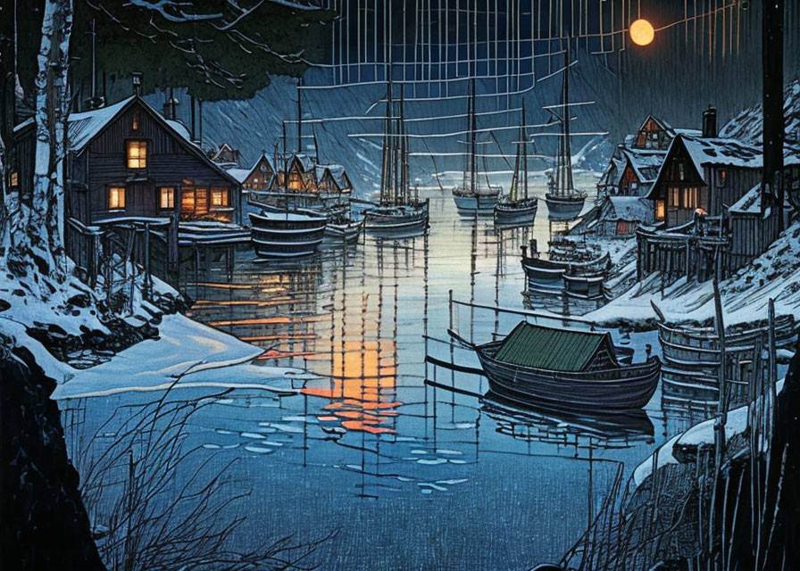 Winter village near harbor with boats, moonlit sky, and glowing windows