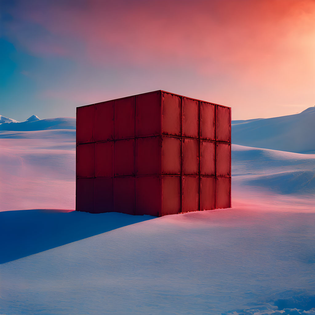 Red cube on snowy landscape under pink and blue sky