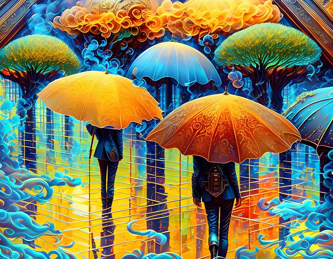 Colorful psychedelic artwork: Three figures with umbrellas in swirling clouds, neon-lit path