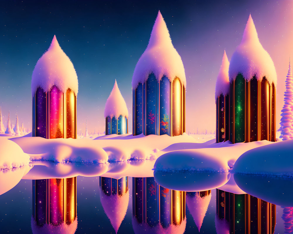 Vividly colored winter night scene with glowing structures reflected in icy river