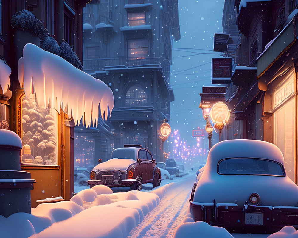 Snowy City Scene: Vintage Cars, Glowing Lamps & Snow-Drapped Buildings