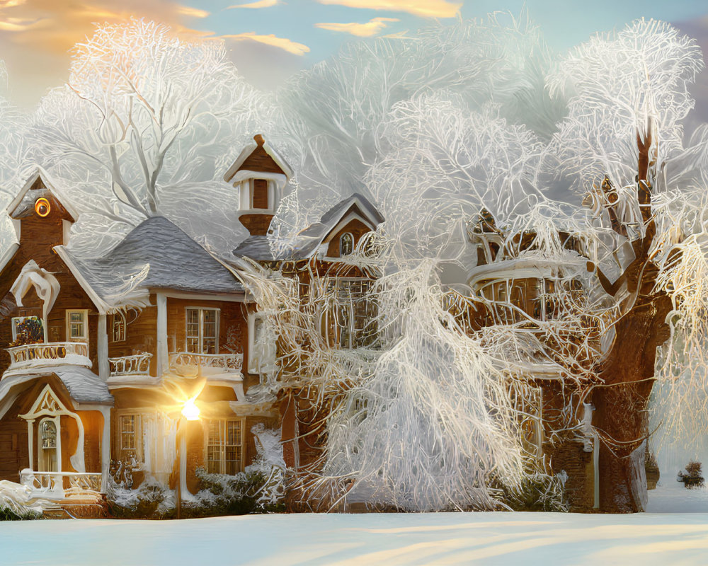 Snowy Winter Landscape: Cozy House Amongst Glowing Trees