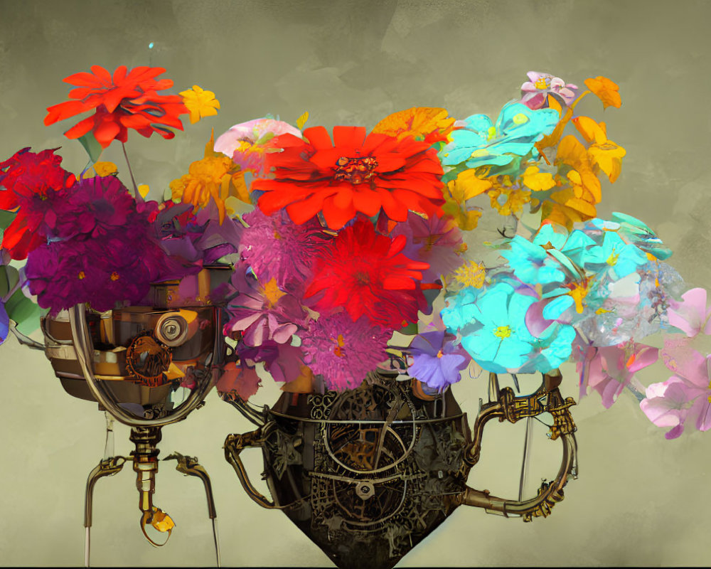 Colorful Flowers Bouquet in Steampunk-Style Vase on Beige Background