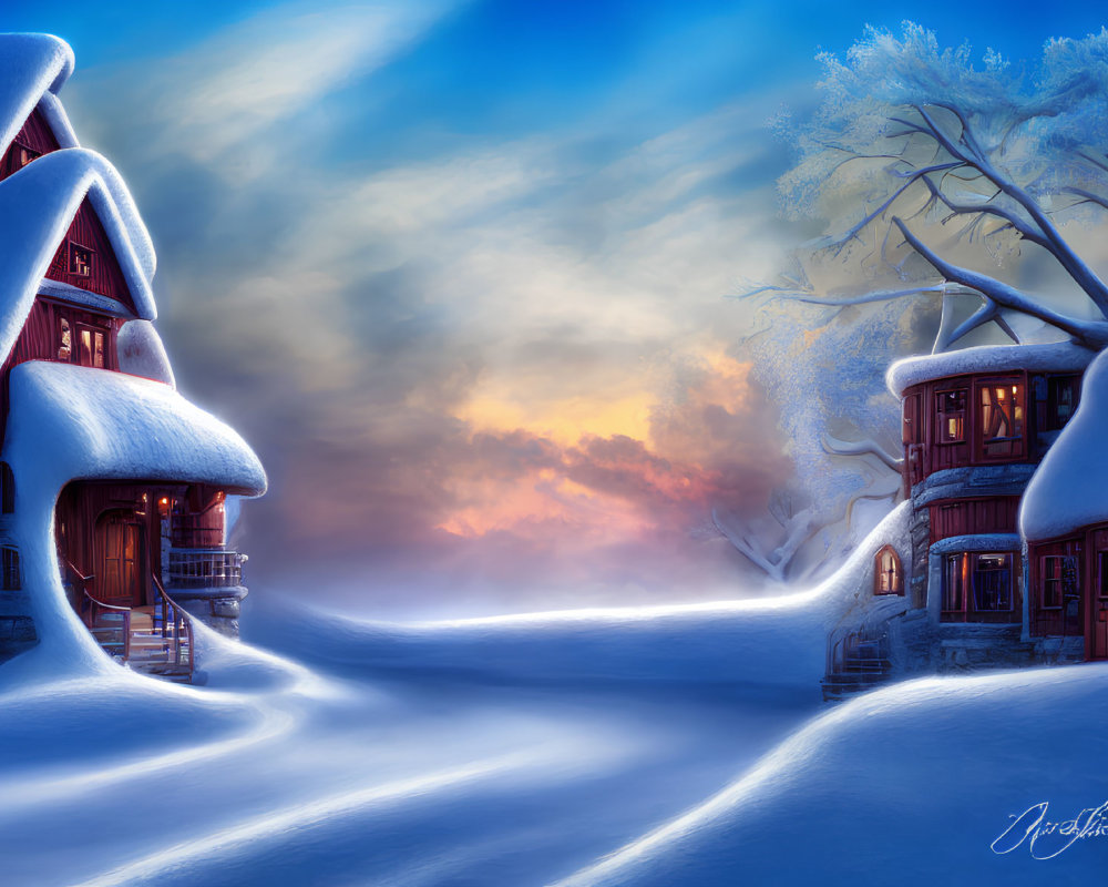 Twilight snow-covered village with cozy cottages and bare trees