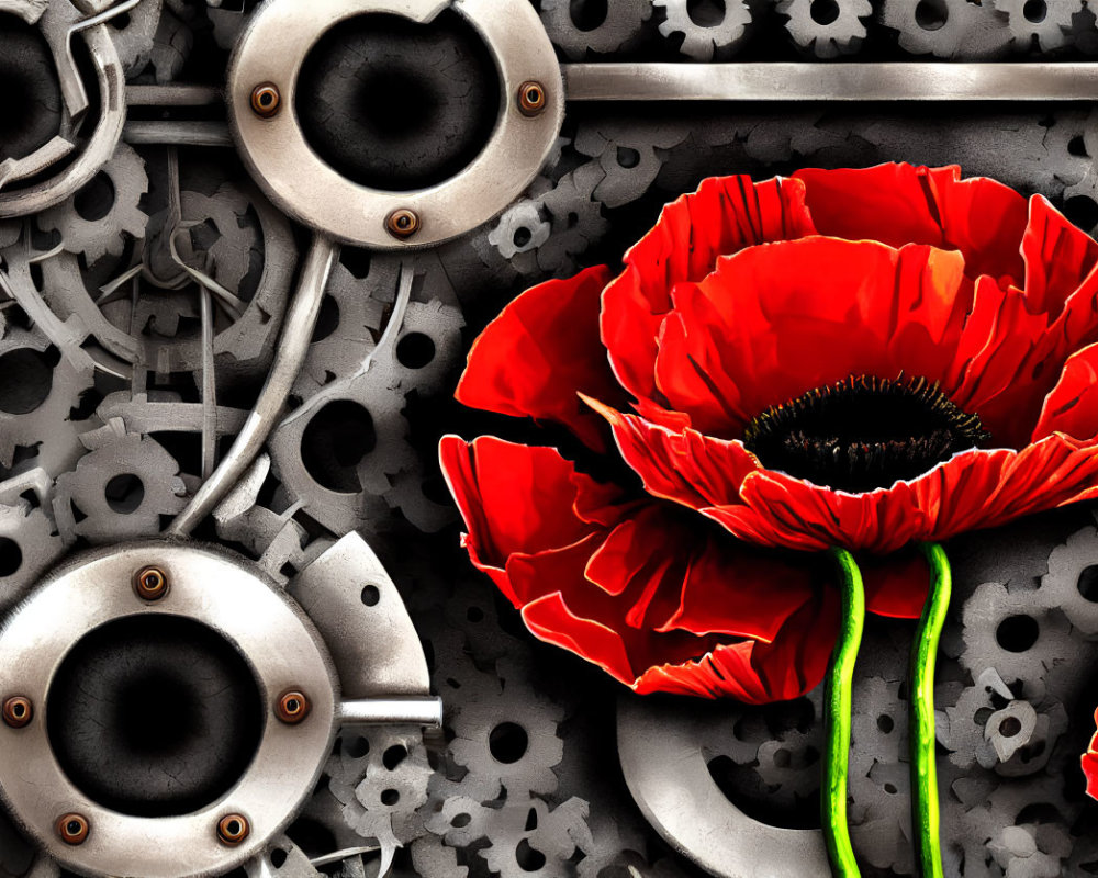 Red poppies contrast with industrial gears in monochrome background