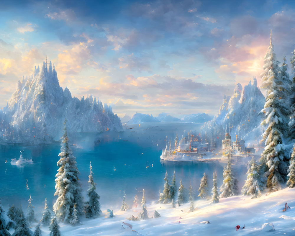 Snowy Trees, Frozen Lake, Mountains, Sun Glow: Winter Landscape