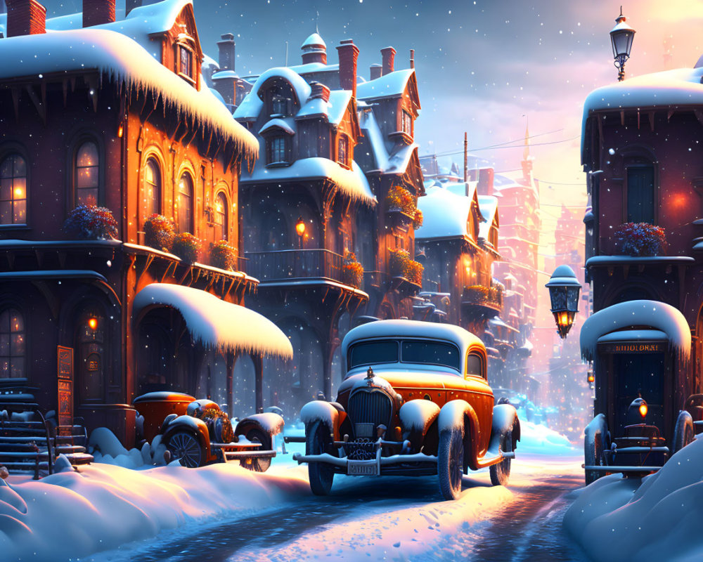 Victorian houses on snowy street with vintage lamp posts & classic cars.