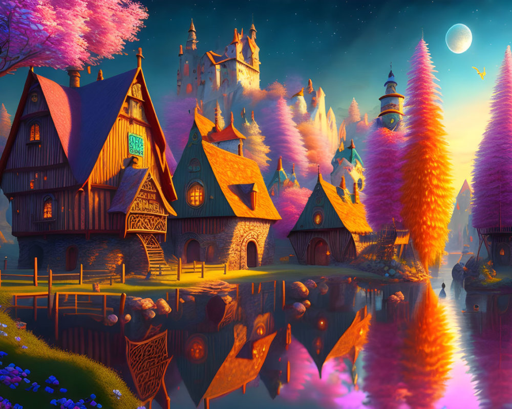 Fantasy landscape with whimsical cottages, reflective lake, castle, floating islands, twilight sky