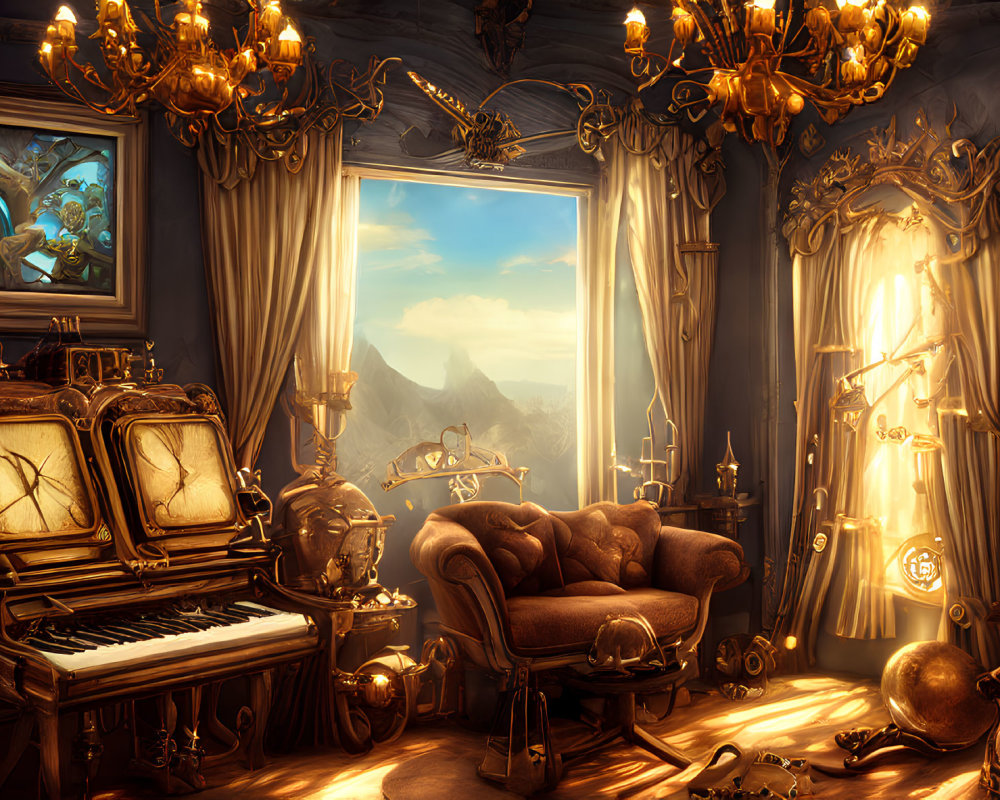 Opulent Baroque-style room with grand piano and mountain view