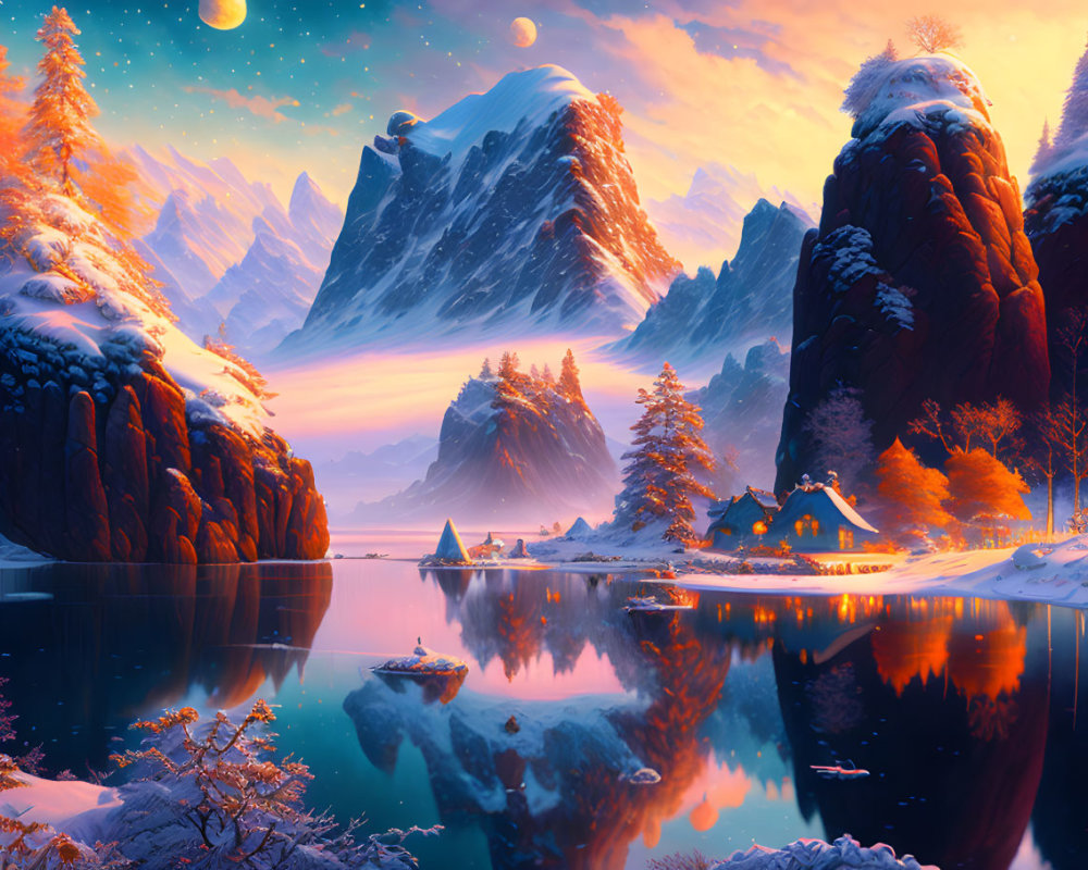 Snow-covered cliffs and cabin in serene winter landscape by still lake under twilight sky with planets.