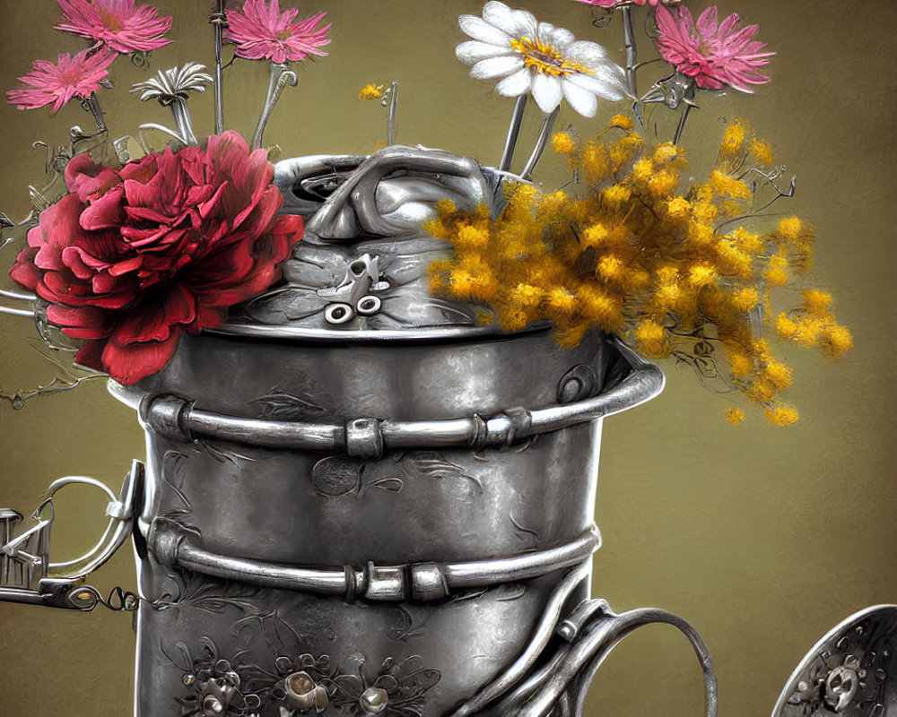 Vintage metal tea set with colorful flower blooms in a stacked illustration
