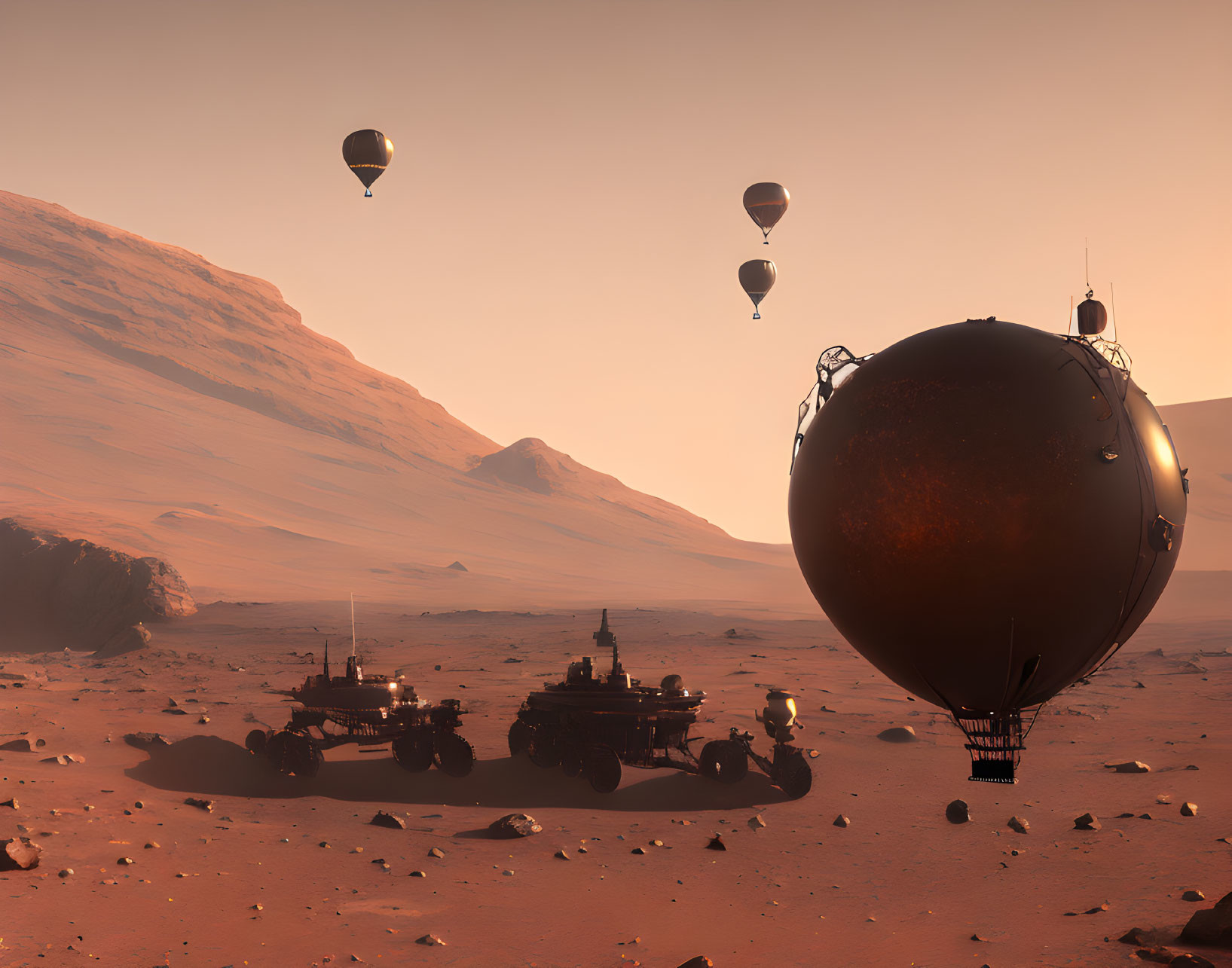 Martian landscape at dusk with hot air balloons, habitat module, and rovers.