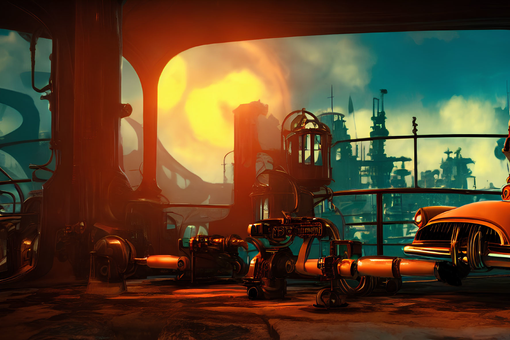 Stylized industrial interior with pipes, machinery, and sunset view