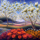 Surreal landscape with flowers, tree-like structures, and purple sky