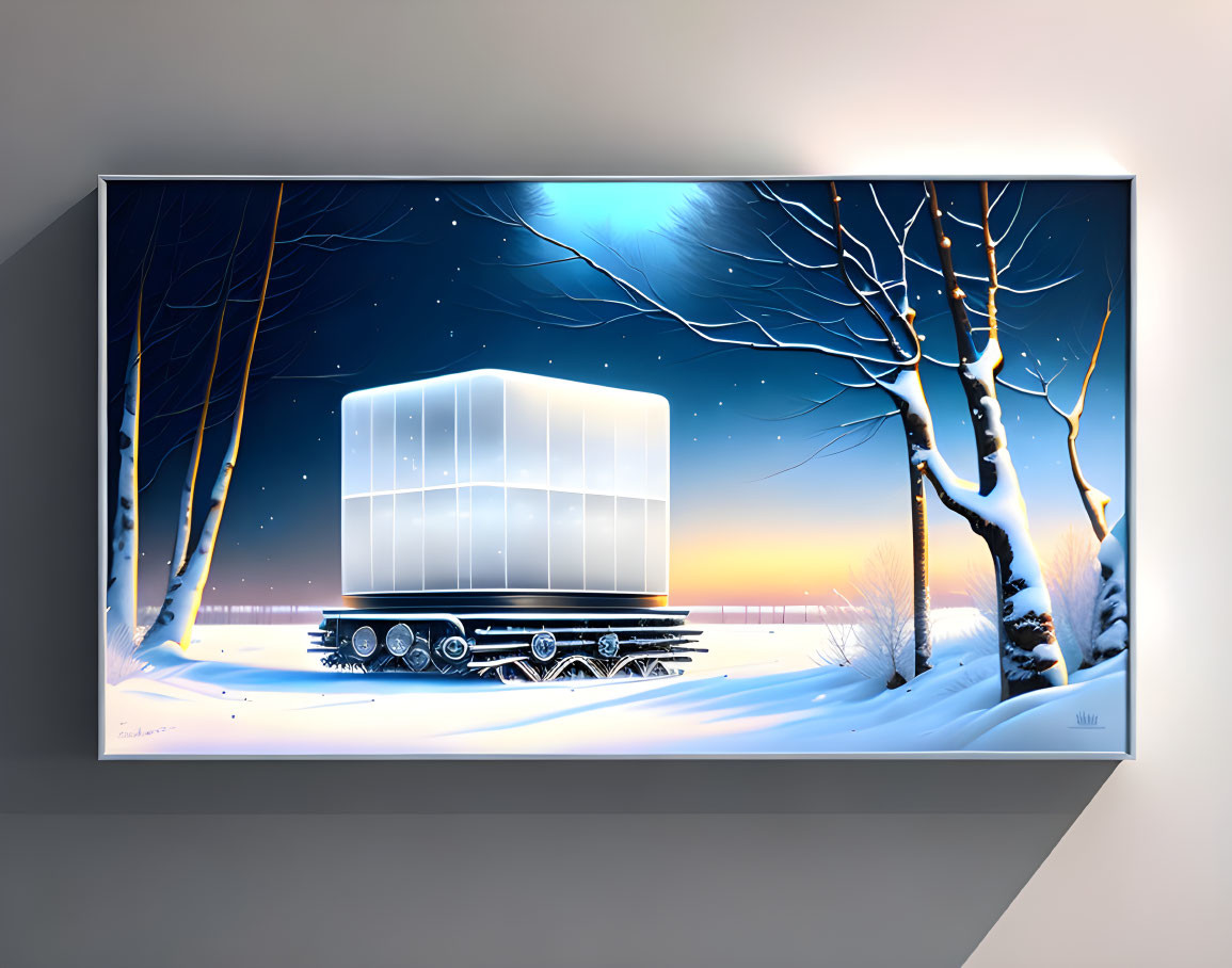 Backlit picture frame of illuminated cargo trailer in snowy landscape