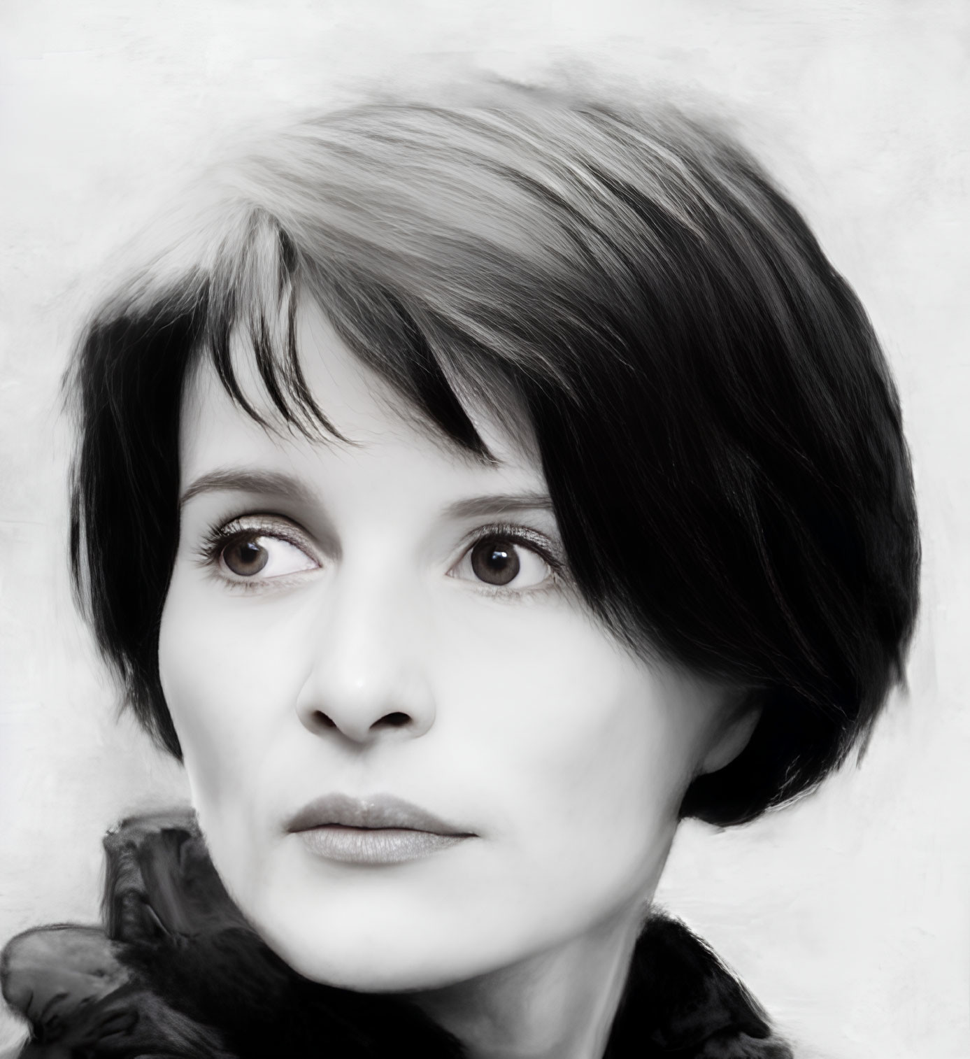 Digital painting: Woman with short black hair and fair skin, looking to the side on white background