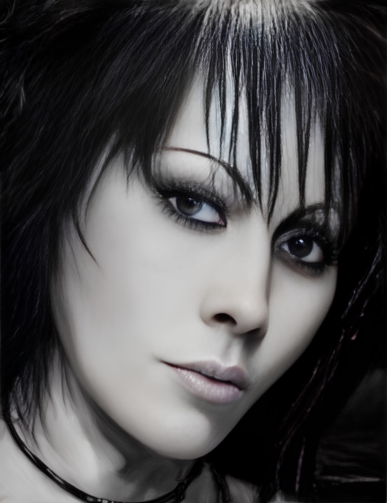 Striking makeup with pale skin, dark eye shadow, and intense gaze