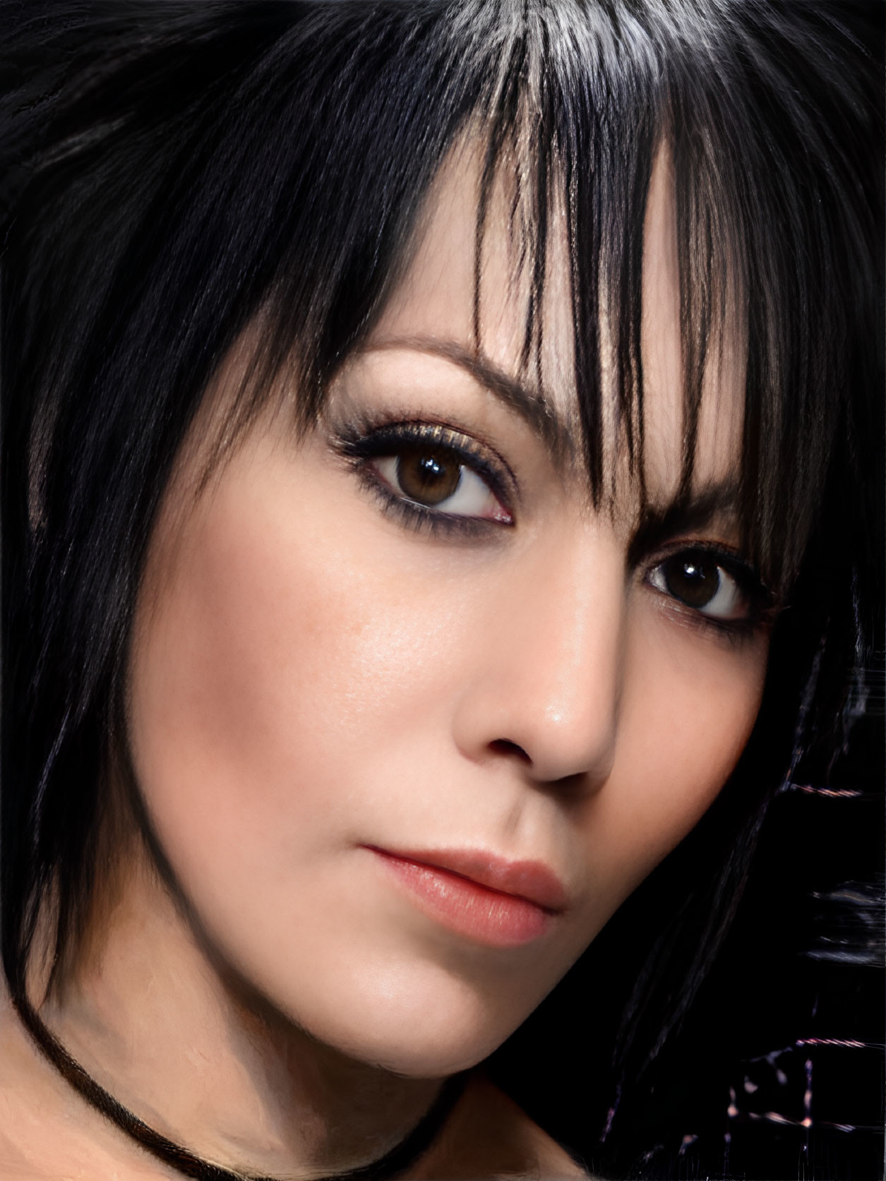 Portrait of woman with dark hair and striking eye makeup.